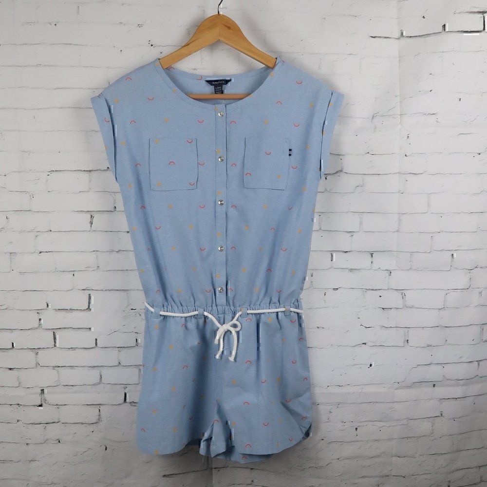 NAUTICA LIGHT BLUE CAP SLEEVE RAINBOW & SUN PRINT ROMPER SIZE LARGE NWT